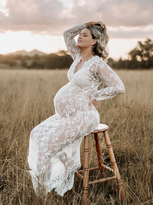 Beaumama robe longue de grossesse transparente dentelle shooting seance photo femme enceinte