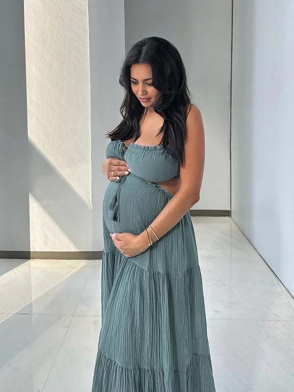 Beaumama robes longue grossesse élégant vacances coulisse taille dos nu fluide spaghettiträger femme enceinte