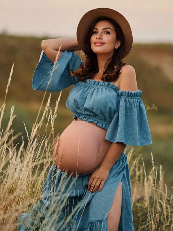 Beaumama robes longue grossesse enceinte shooting costume deux pièces fendu le côté volants fluide femme enceinte
