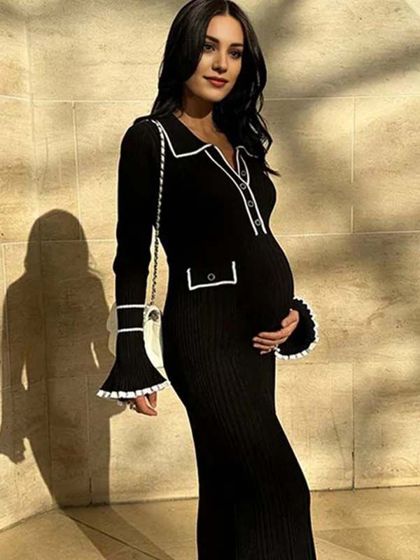 Beaumama robe longue grossesse élégant travail volants boutonnage moulante poches femme enceinte