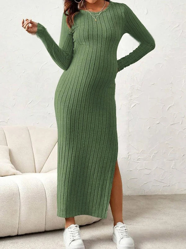 Beaumama robe longue grossesse casual chic fendu le côté moulante rayé femme enceinte