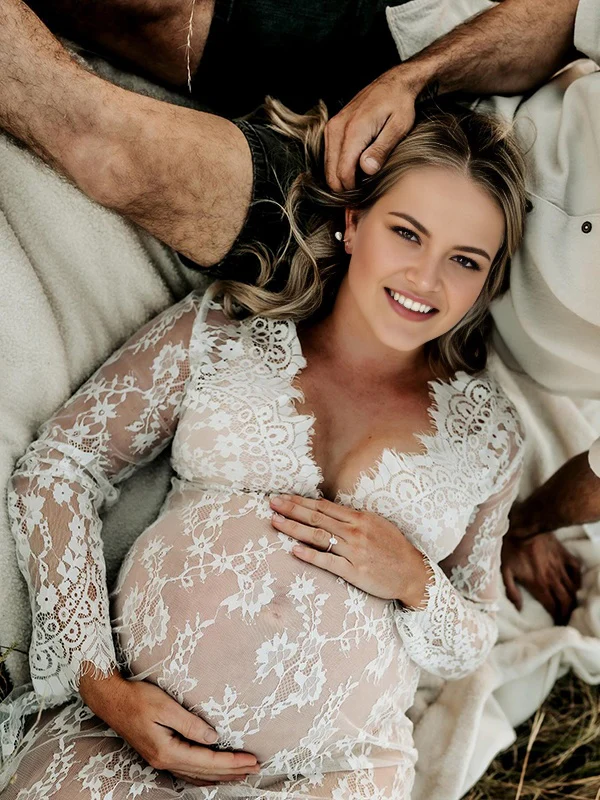 Beaumama robe longue de grossesse transparente dentelle shooting seance photo femme enceinte