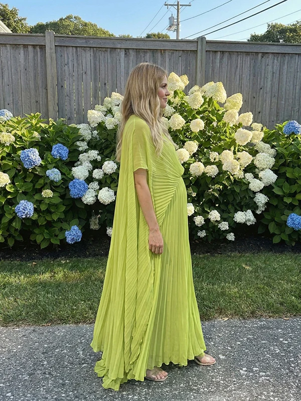 Beaumama robe longue grossesse chic soirée plissé fluide dos nu vert clair femme enceinte