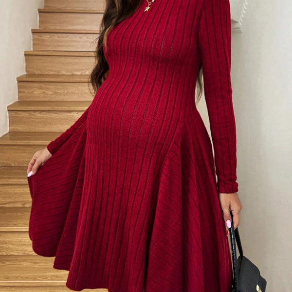 Beaumama robes mi-longue grossesse élégant travail crochet tricot trapèze rayé femme enceinte