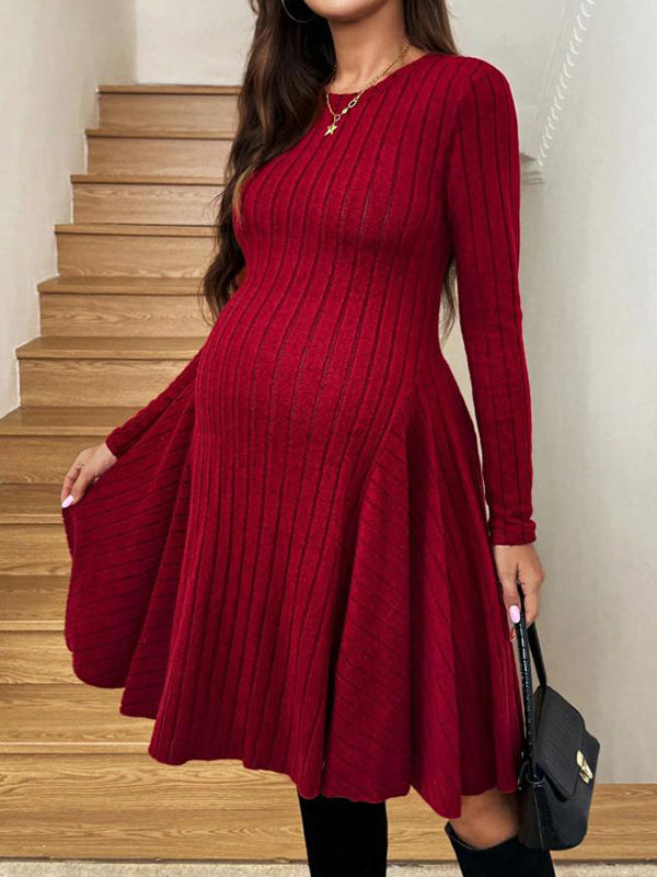 Beaumama robes mi-longue grossesse élégant travail crochet tricot trapèze rayé femme enceinte