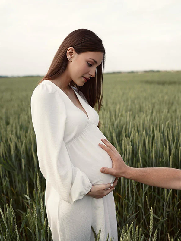 Beaumama robes mi-longue grossesse v-cou élégant femme enceinte