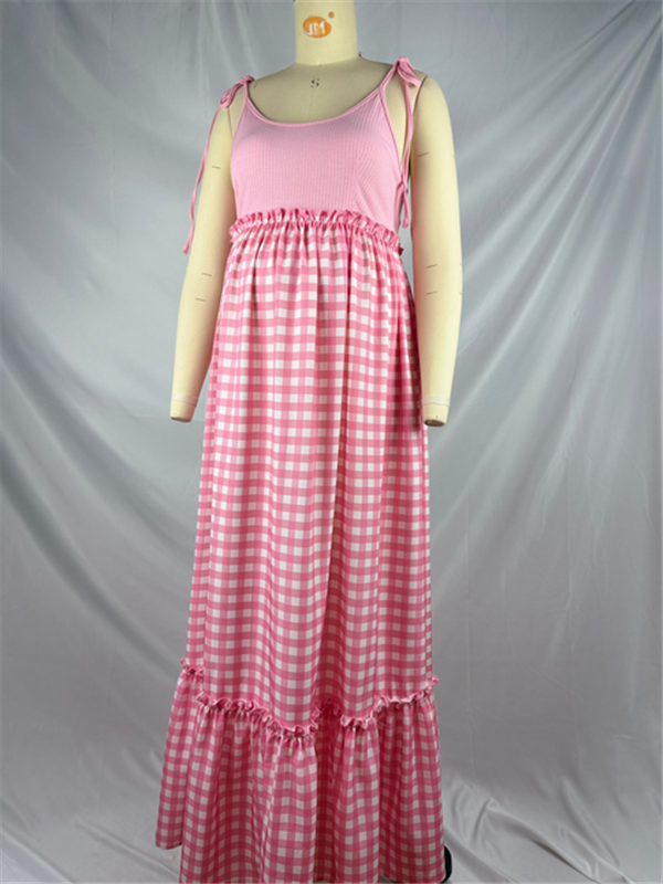 Beaumama robes longue grossesse carreaux strap plissé col rond mignon femme enceinte