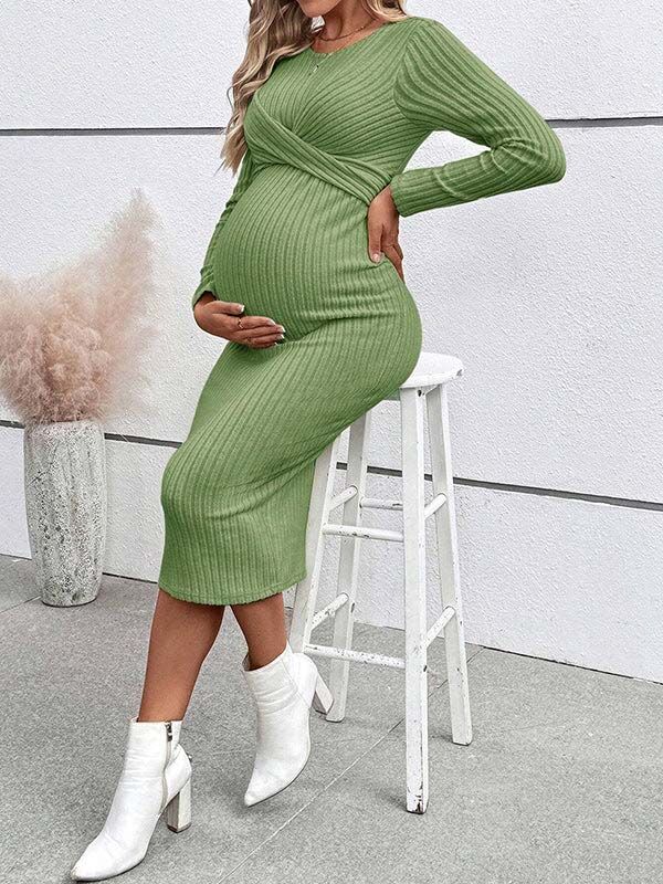 Beaumama robe mi-longue grossesse casual chic nœud moulante rayé femme enceinte