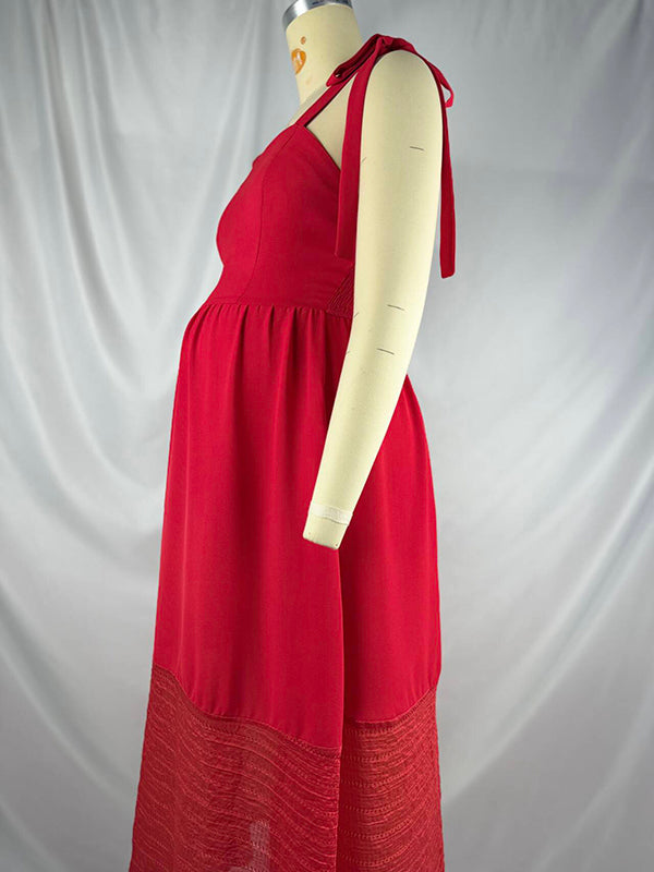 Robes longue grossesse strap plissé nœud papillon rouge