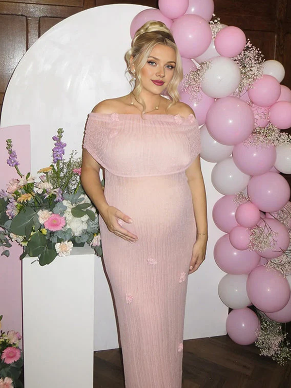 Beaumama robe longue grossesse cérémonie chic babyshower épaule dénudée tulle 3D fleurie photo moulante femme enceinte
