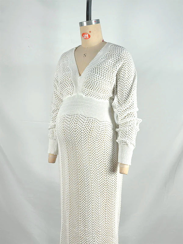 Beaumama robes pulls longue grossesse élégant cérémonie crochet tricot découpe décolleté plongeant femme enceinte