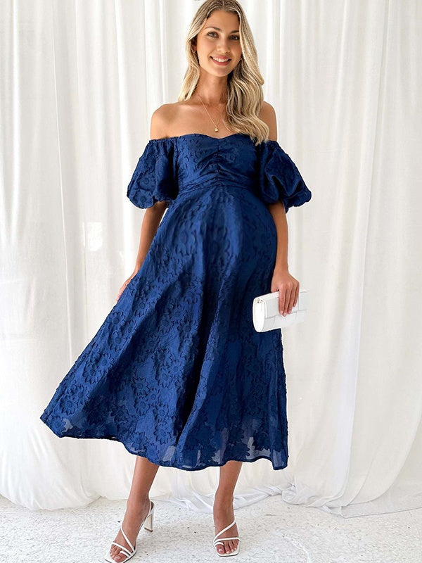 Robe longue grossesse imprimé fleurie épaule dénudée bleu marine