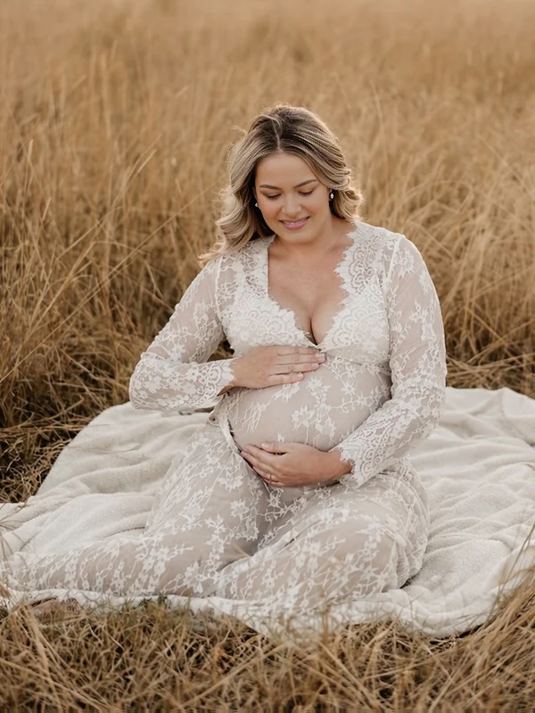 Beaumama robe longue de grossesse transparente dentelle shooting seance photo femme enceinte