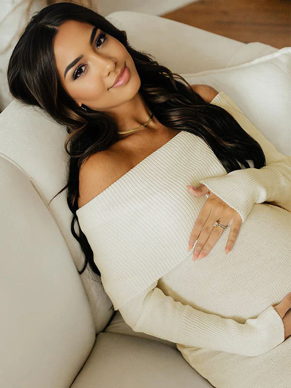 Beaumama robe pulls longue grossesse chic élégant crochet tricot épaule dénudée moulante femme enceinte