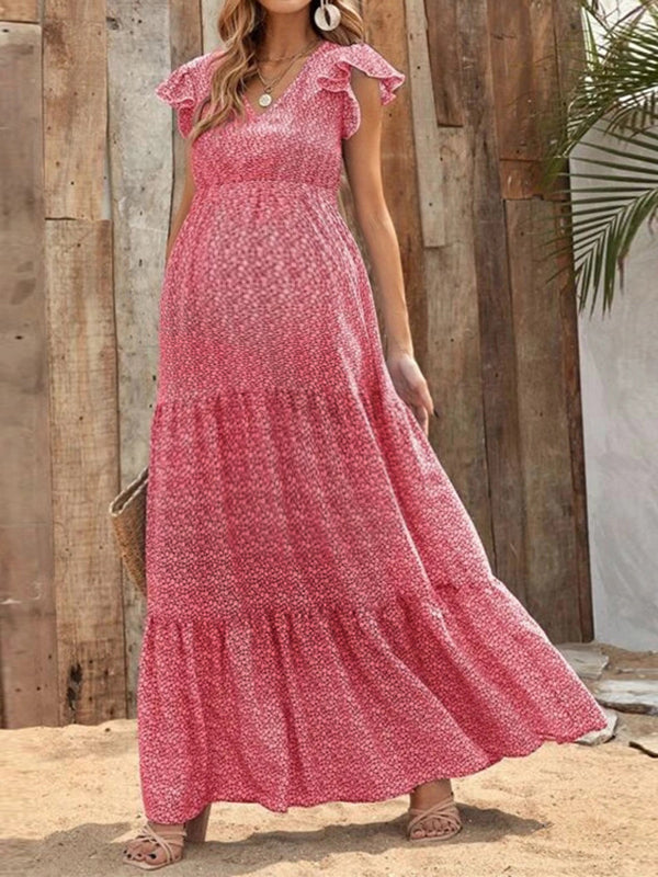 Robes longue grossesse imprimé fleurie volants rouge