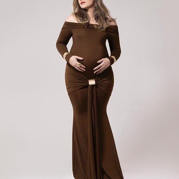 Beaumama robes longue grossesse élégant enceinte shooting boucle moulante plissé nœud épaule dénudée femme enceinte