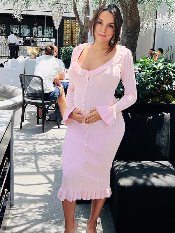 Beaumama robes mi-longue grossesse élégant casual boutonnage volants moulante cérémonie femme enceinte