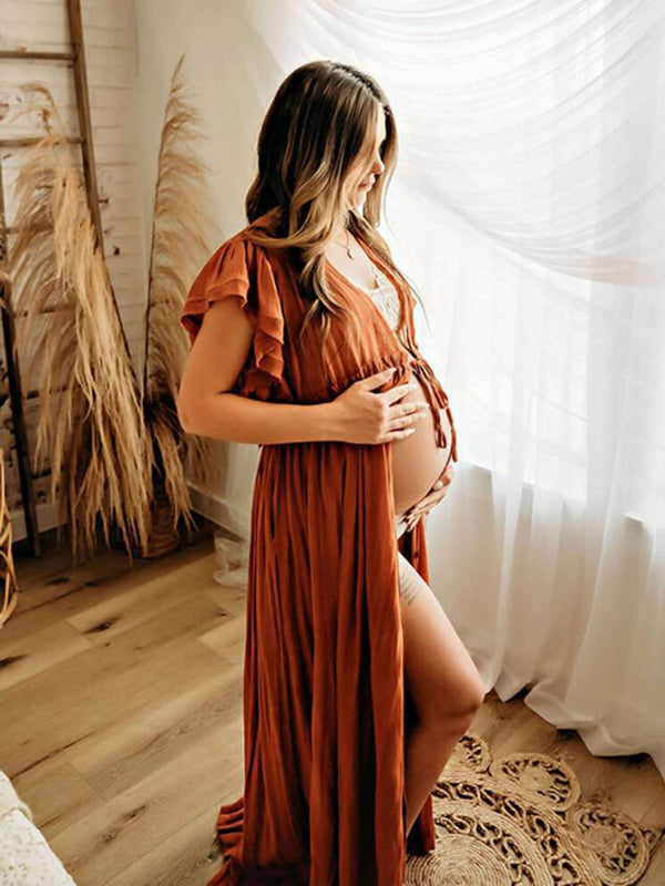 Beaumama robes longue grossese enceinte shooting volants coulisse taille boutonnage femme enceinte