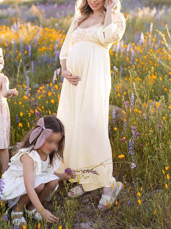 Beaumama robes shooting longue grossesse bohème broderie fleurie fluide femme enceinte
