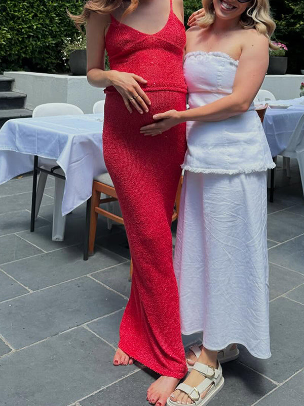 Beaumama robes longue grossesse vacances plage costume deux pièces crochet tricot brillante paillette spaghettiträger moulante femme enceinte