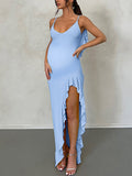 Beaumama robes longue grossesse baby shower élégant dos nu volants fendu le côté plissé irrégulier femme enceinte
