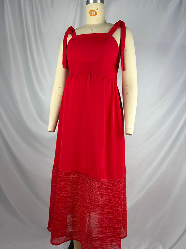 Robes longue grossesse strap plissé nœud papillon rouge