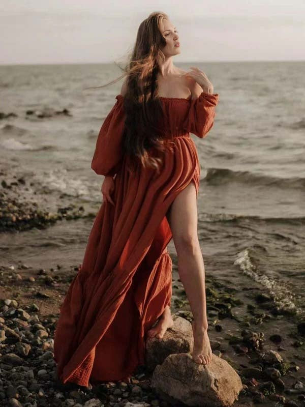 Beaumama robe shooting grossesse longue bohème fendu le côté queue orange épaules dénudées femme enceinte