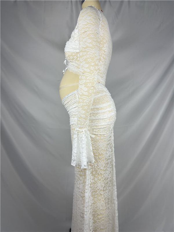 Beaumama robes photo longue grossesse élégant costume deux pièces dentelle nœud papillon femme enceinte