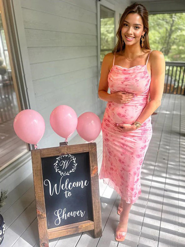 Beaumama robes mi-longue grossesse babyshower imprimé fleurie tulle dos nu plissé moulante femme enceinte