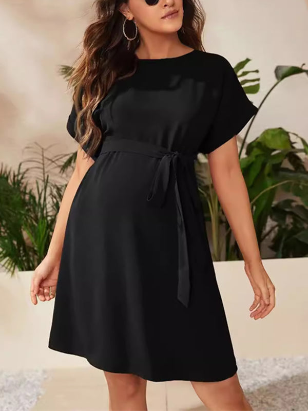 Beaumama robes courte grossesse unicolore nœud papillon col rond femme enceinte