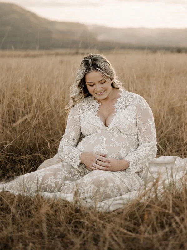 Beaumama robe longue de grossesse transparente dentelle shooting seance photo femme enceinte