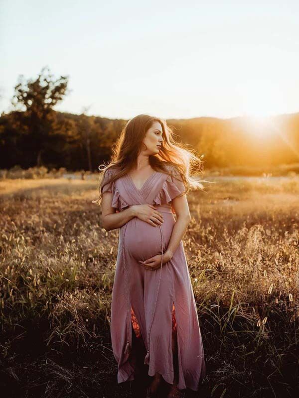 Robe longue grossesse élégant enceinte shooting volants rose