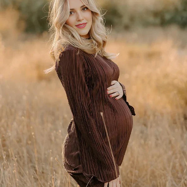 Beaumama robe photo longue grossesse ceinture plissé col rond manches trompette élégant femme enceinte