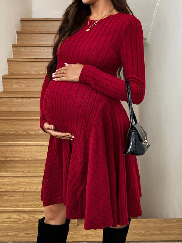 Beaumama robes mi-longue grossesse élégant travail crochet tricot trapèze rayé femme enceinte