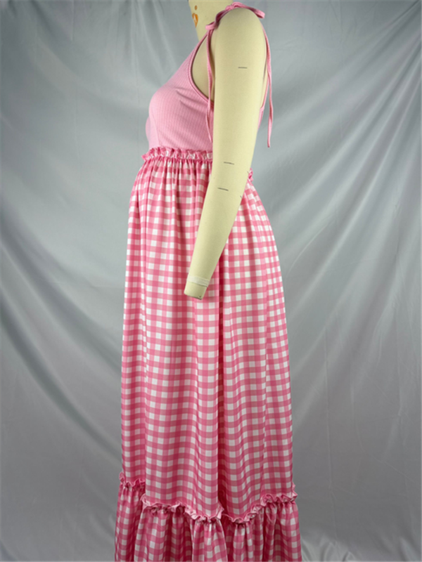 Beaumama robes longue grossesse carreaux strap plissé col rond mignon femme enceinte