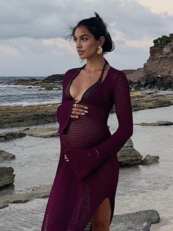 Beaumama robe shooting longue grossesse photo bohème chic plage crochet tricot découpe fendu le côté femme enceinte