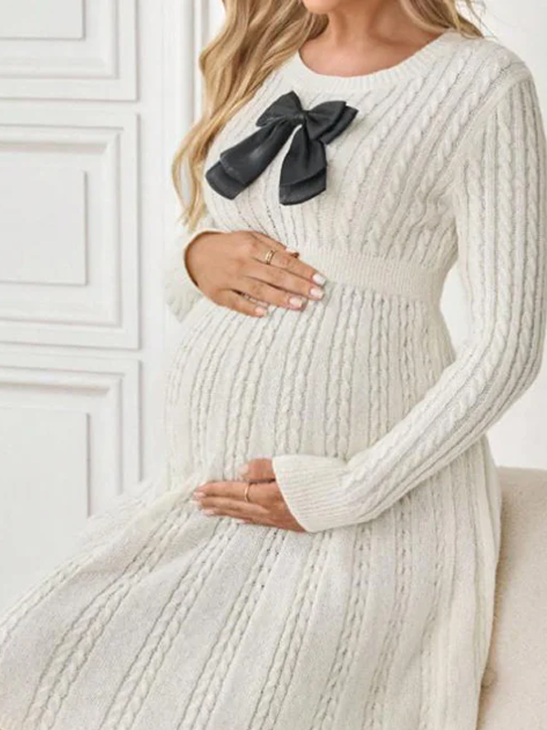 Beaumama robe pulls mi-longue grossesse élégant chic nœud papillon tricot torsadé trapèze femme enceinte