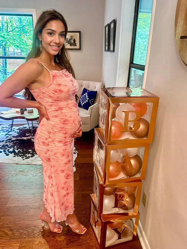Beaumama robes mi-longue grossesse babyshower imprimé fleurie tulle dos nu plissé moulante femme enceinte