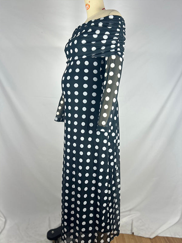 Beaumama robe longue de maternité élégante moulante à pois et épaules dénudées vintage