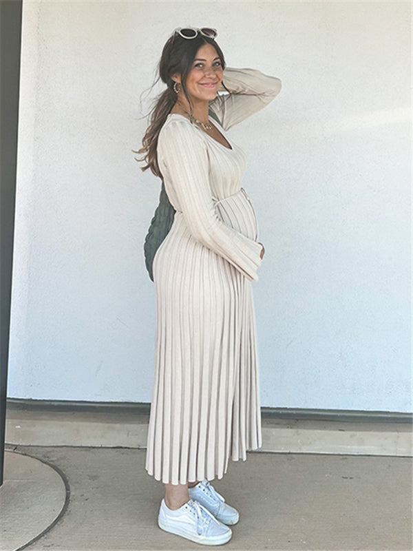 Beaumama robes longue grossesse élégant casual rayé plissé ceinture trapèze femme enceinte