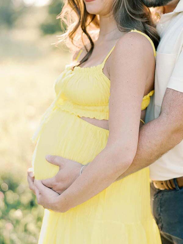 Robe photo longue grossesse coulisse taille dos nu volants fluide trapèze jaune