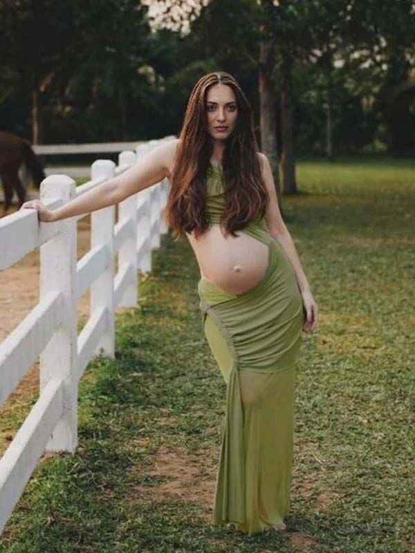 Beaumama robes photo longue grossesse élégant chic irrégulier tulle épissage cropped épaule asymétrique femme enceinte