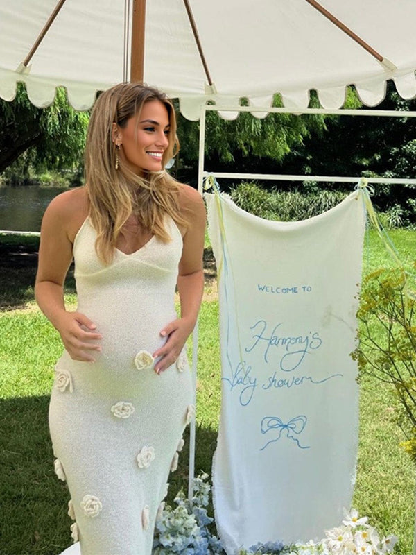 Beaumama robe longue de grossesse babyshower sirène moulante dos croisé ornée de fleurs 3D pour femme enceinte