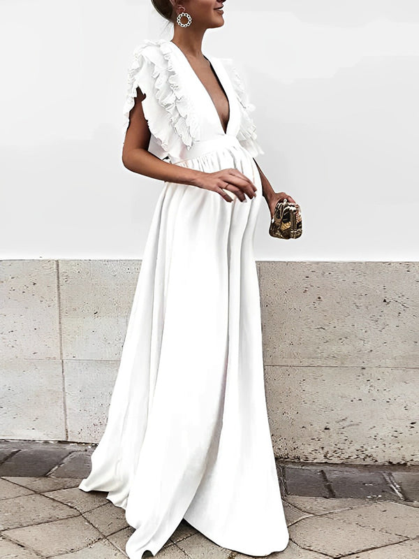 Beaumama robe longue de grossesse dos nu fluide volantée V-cou soirée femme enceinte
