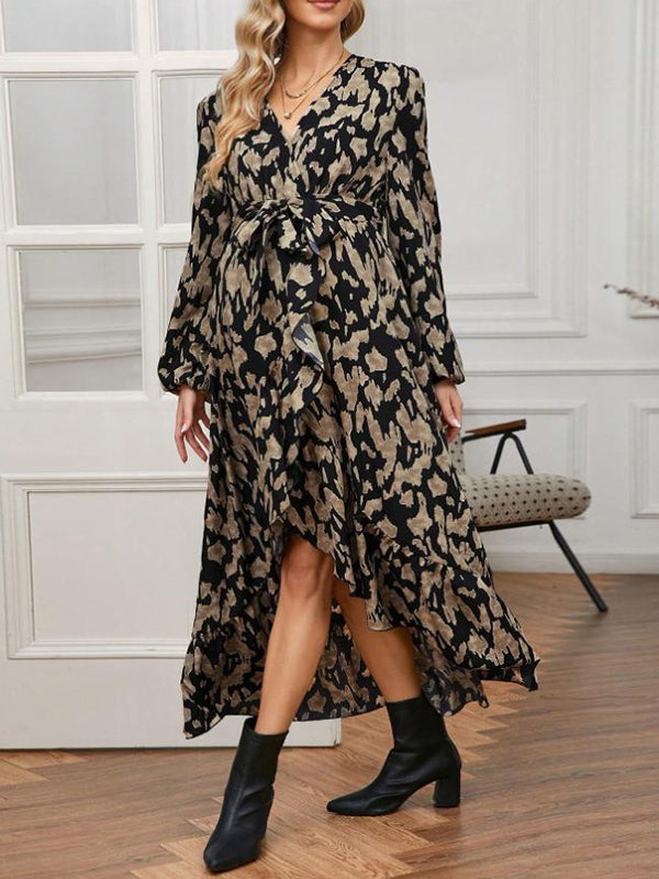 Beaumama robe longue grossesse vacances imprimé fleurie ceinture fendu le côté volants femme enceinte