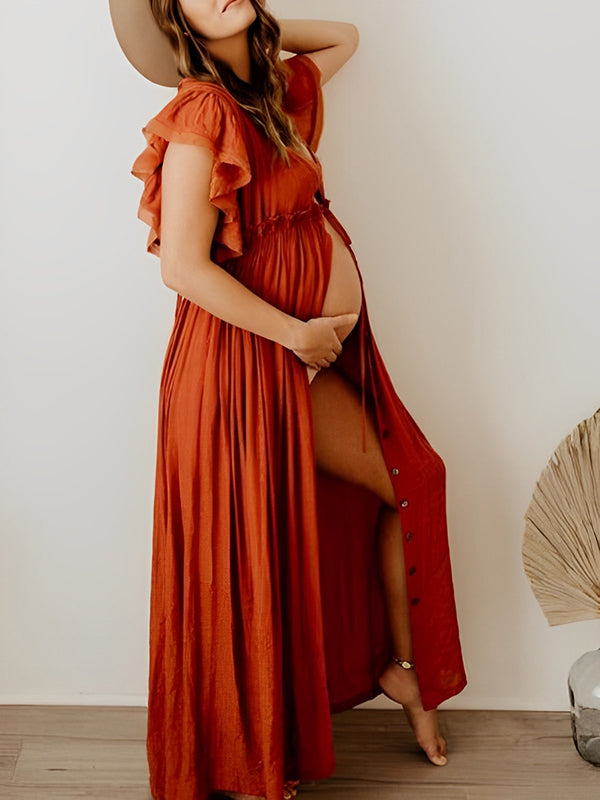 Beaumama robes longue grossese enceinte shooting volants coulisse taille boutonnage femme enceinte