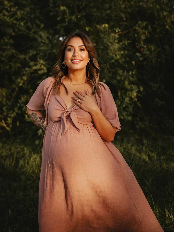 Beaumama robes longue grossesse élégant casual nœud papillon volants fluide enceinte shooting femme enceinte