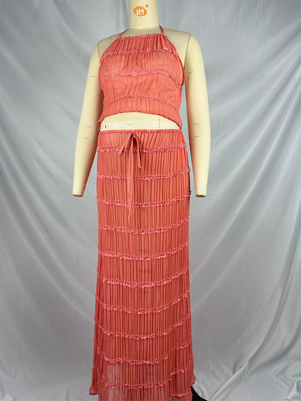 Beaumama robe longue grossesse chic vacances 2 pièces plissé dos nu rose femme enceinte