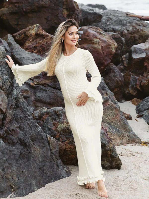 Beaumama robe shooting longue grossesse vacances crochet tricot volants dos nu fluide femme enceinte