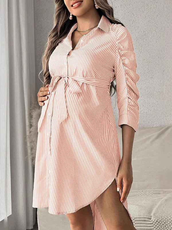 Beaumama robe chemises mi-longue grossesse casual rayé ceinture boutonnage plissé femme enceinte